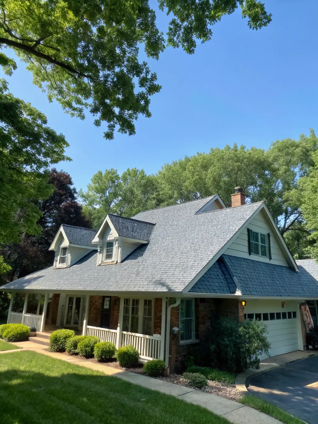 A high-resolution image of a newly installed asphalt shingle roof on a modern house, showcasing its clean lines and color variation.