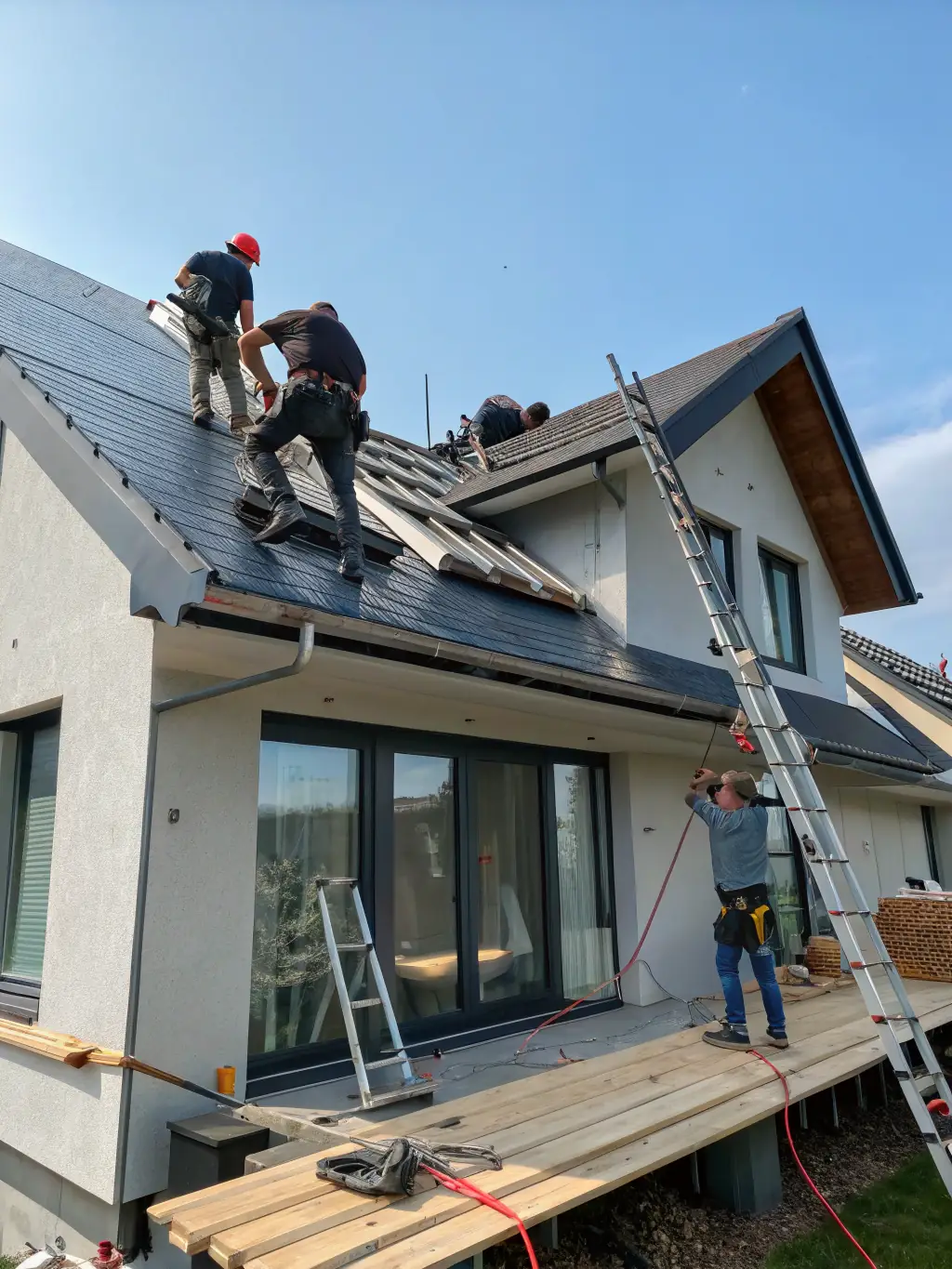 An image showing the installation process of asphalt shingles, emphasizing the precision and expertise of the roofing team.