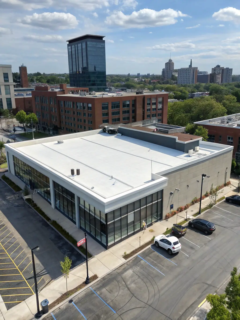 An image of a commercial building with a professionally installed asphalt shingle roof, demonstrating its versatility and suitability for various architectural styles.