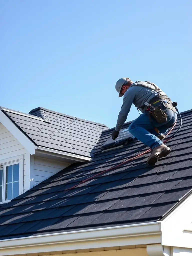A newly installed asphalt shingle roof on a modern house, showcasing clean lines and professional craftsmanship, taken during a sunny day to highlight the color and texture of the shingles. This image represents Roof Up's installation services.