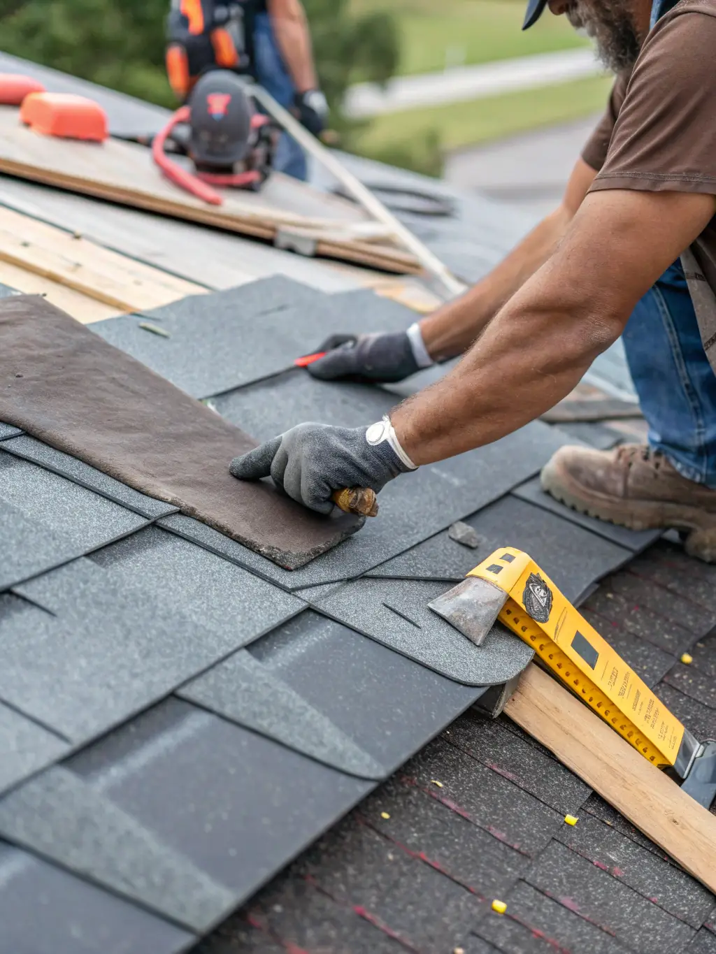 A close-up shot of a roofing technician repairing a damaged shingle on a residential roof, with tools and safety equipment visible. The focus is on the precision and care taken during the repair process, representing Roof Up's repair services.