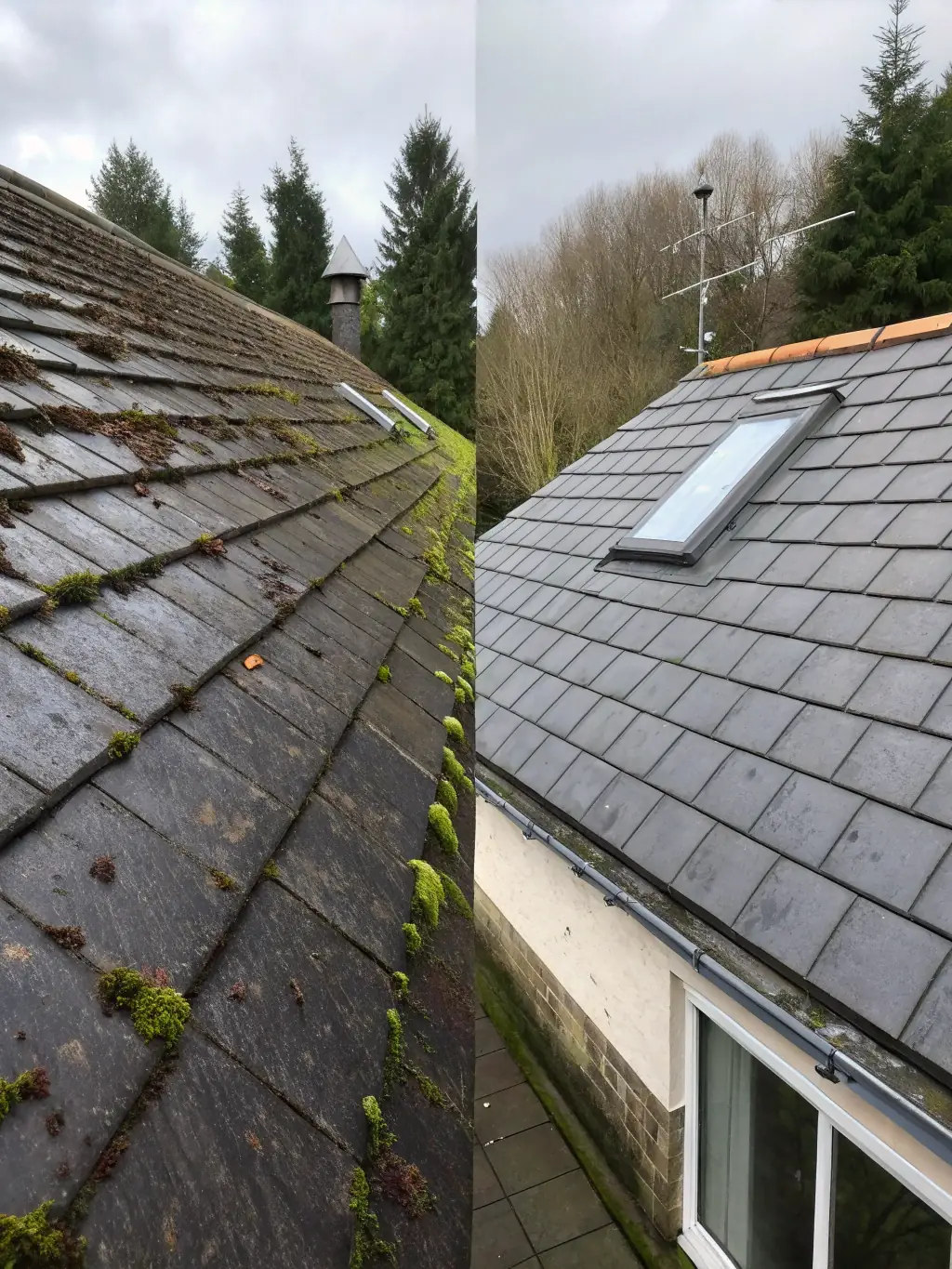 A before-and-after shot of a roof that has undergone a thorough cleaning and restoration process by Roof Up, showcasing the dramatic improvement in appearance and condition.